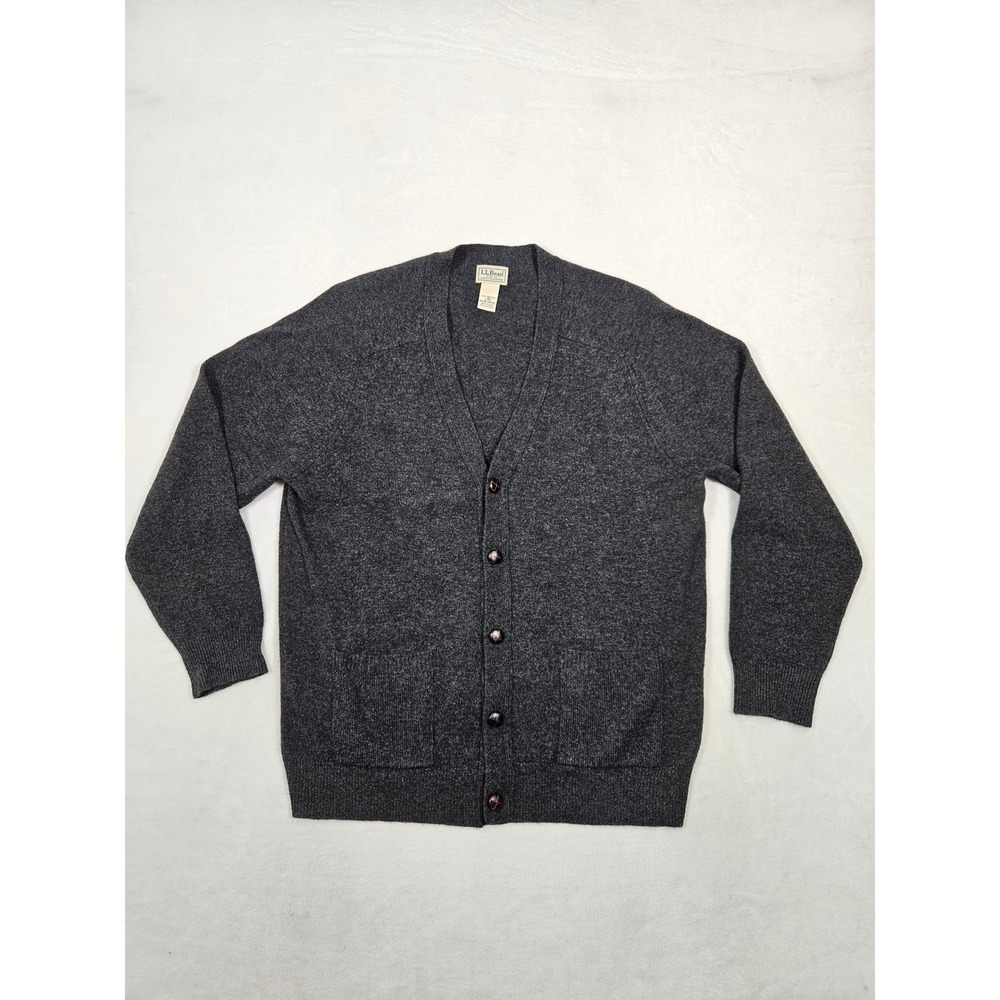LL Bean Mens Lambswool Cardigan Sweater Large Gray Heather Button Front 264792